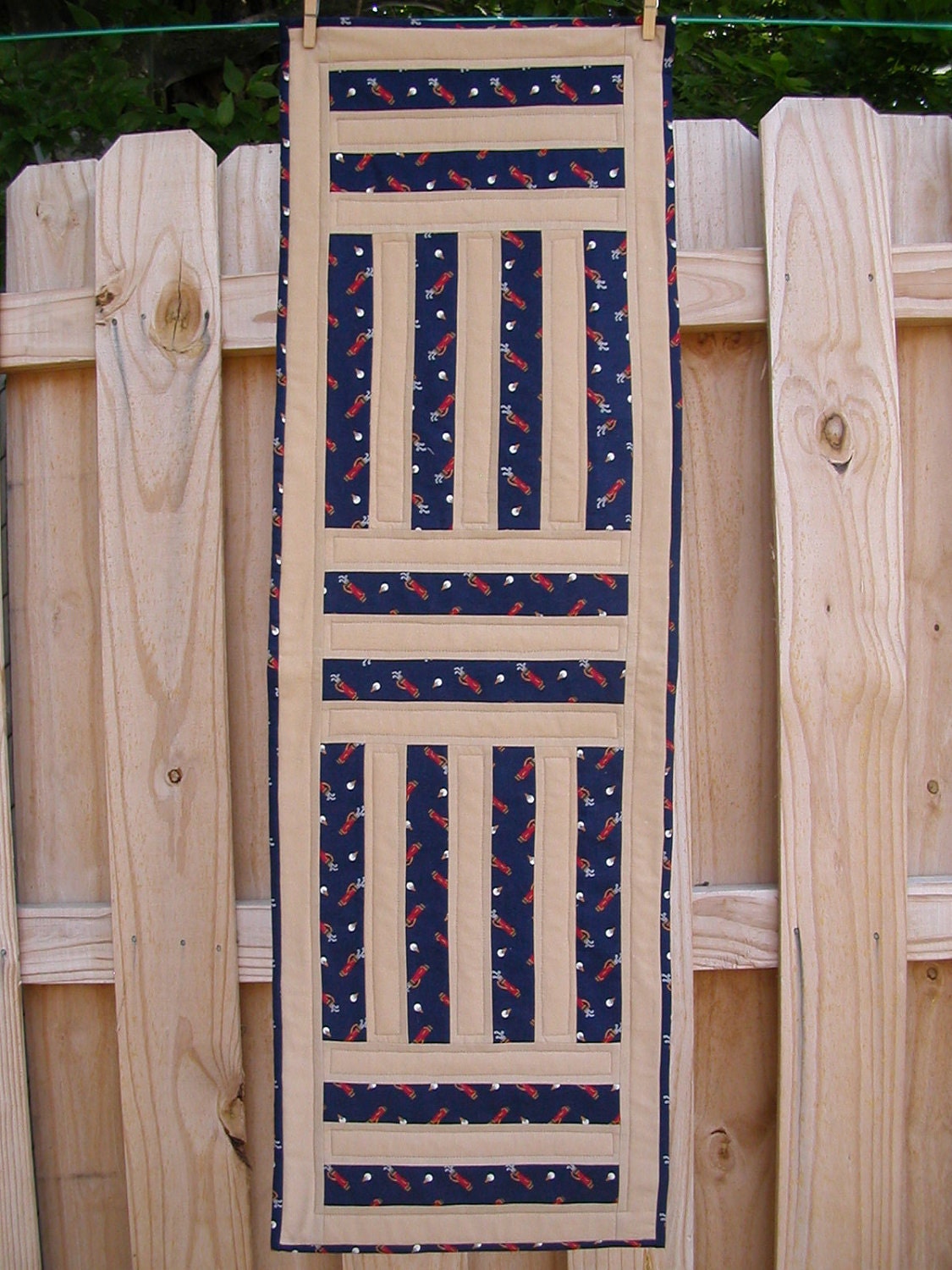Quilted GOLF STRIPE TABLERUNNER  in Tan and Navy Blue