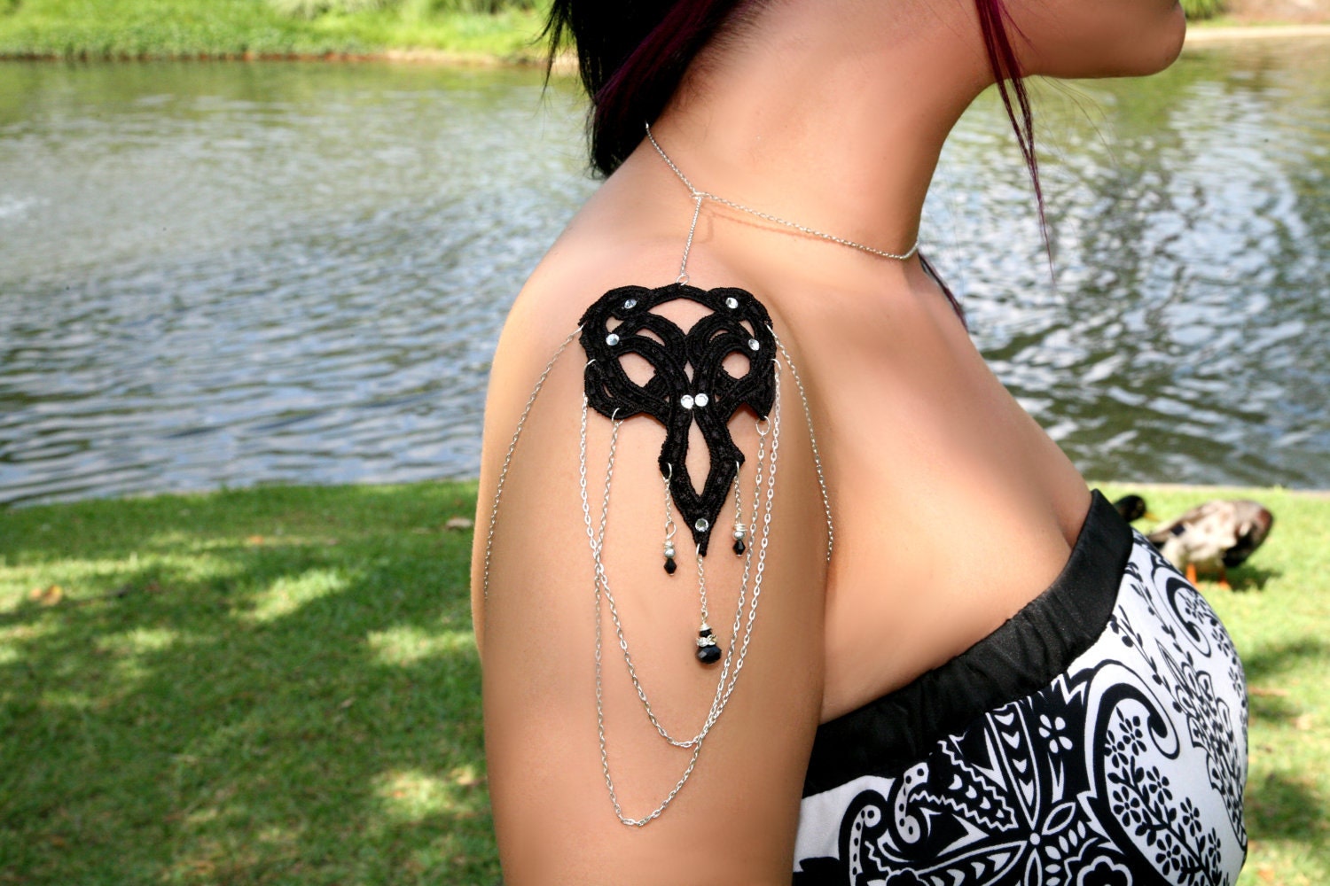 Vintage Black Gothic Tangle Silver Shoulder Necklace