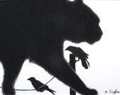 Cat and crows original charcoal sketch