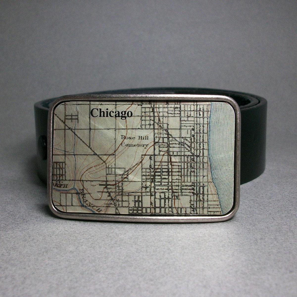 Belt Buckle Vintage Metal Map Chicago Illinois Rose Hill Cemetery Spooky
