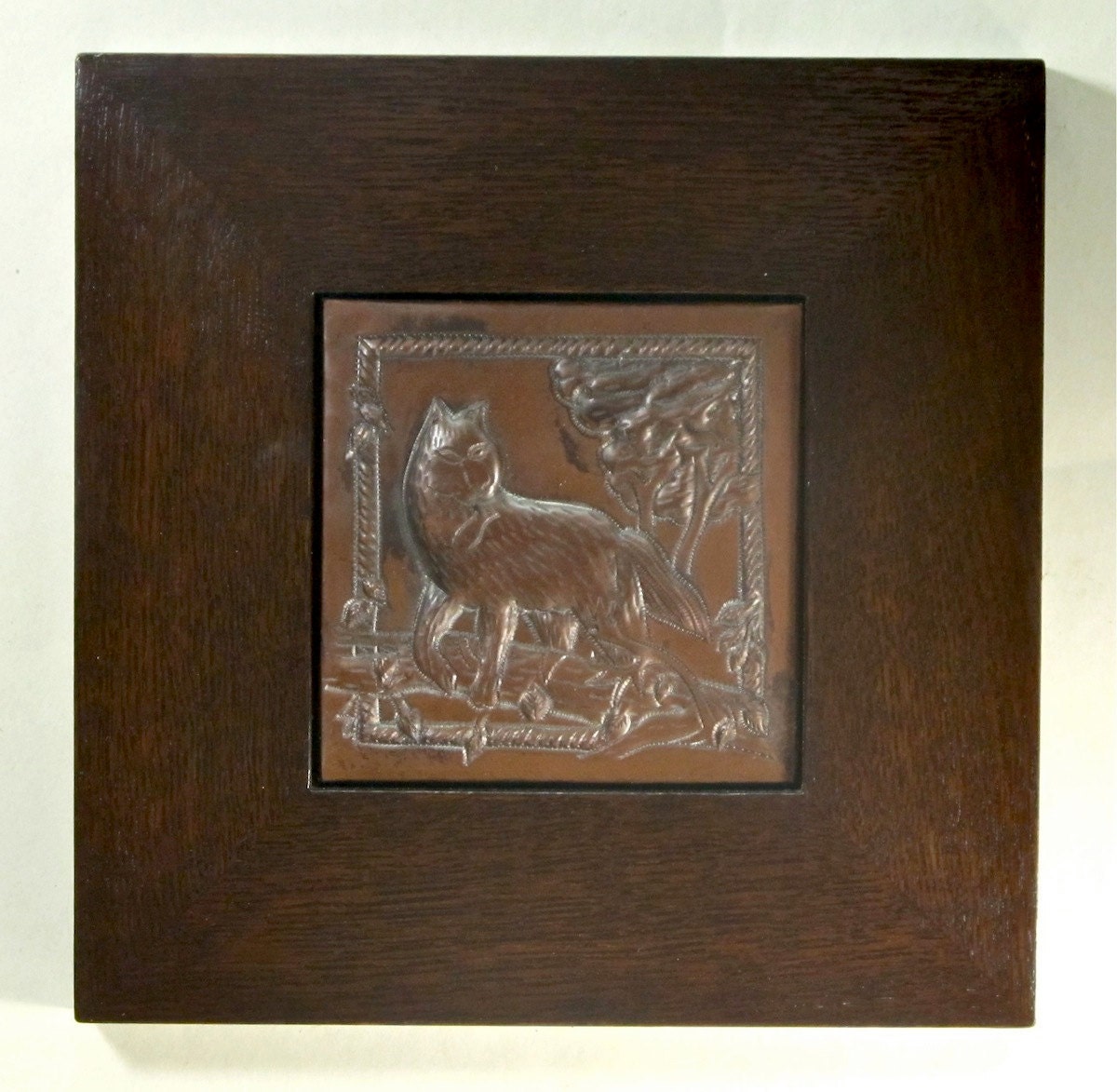 Framed Arts and Crafts Fox Hammered Copper Tile