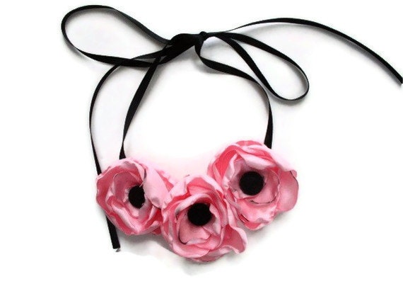 Pink Flower Bib Necklace with Upcycled Black Buttons