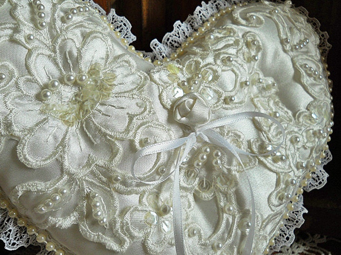 Victorian Heart Shaped Vintage Ring Bearer Wedding Pillow, handmade of vintage fabrics and lace.