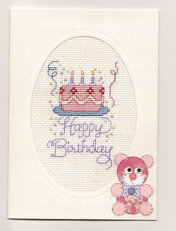 Finished Completed Cross Stitch Childs OOAK Keepsake Happy Birthday Cake Card
