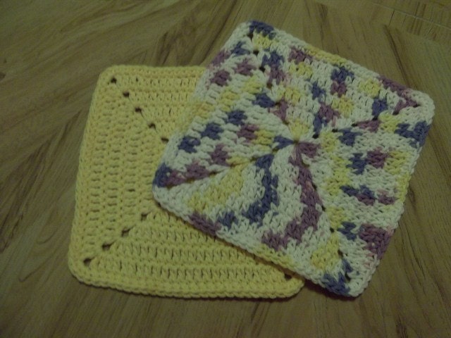 Hand Crocheted Yellow Dishcloths Wash Cloths Pot Holders 2 100% cCotton Yarn