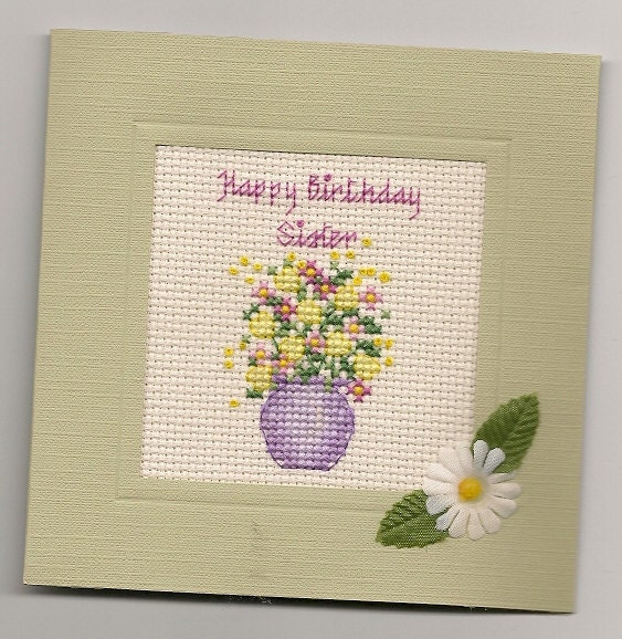 Finished Completed Cross Stitch Happy Birthday Sister Card Silk Flowers