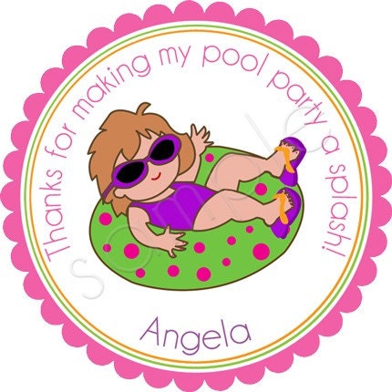Girl Pool Party Personalized Stickers - Party Favor Labels, Address Labels, Birthday, Pool Party, Beach, Summer Fun - Choice of Size