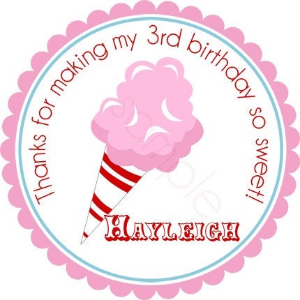 Yummy Cotton Candy Personalized Stickers - Party Favor Labels, Birthday Stickers, Cotton Candy, Circus, Carnival - Choice of Size