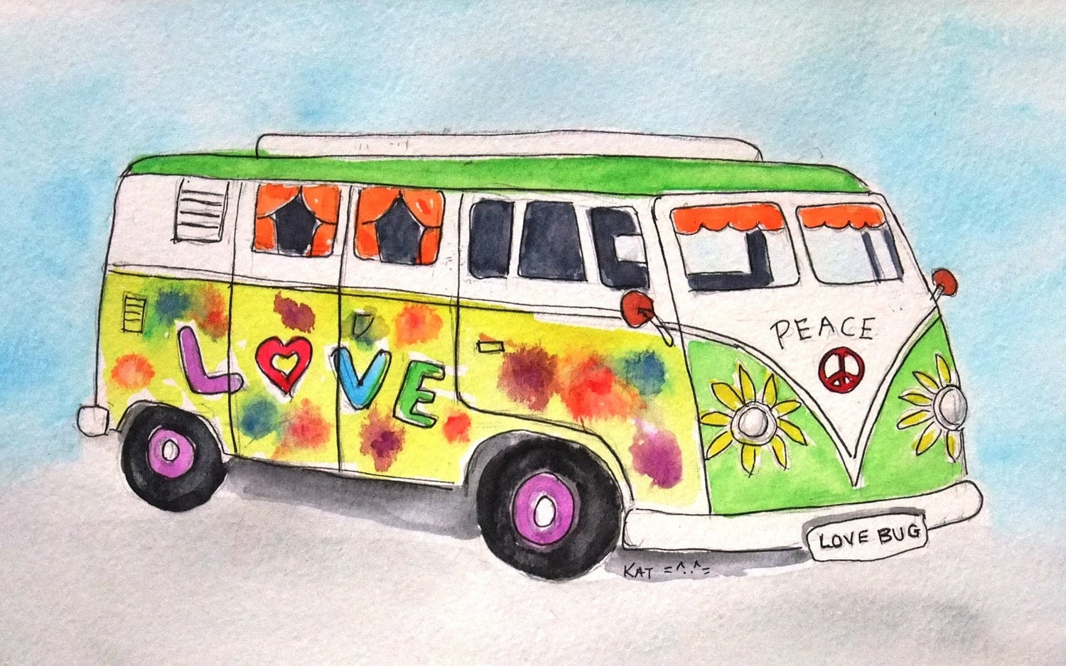 Items similar to Hippie Bus ACEO watercolor print on Etsy