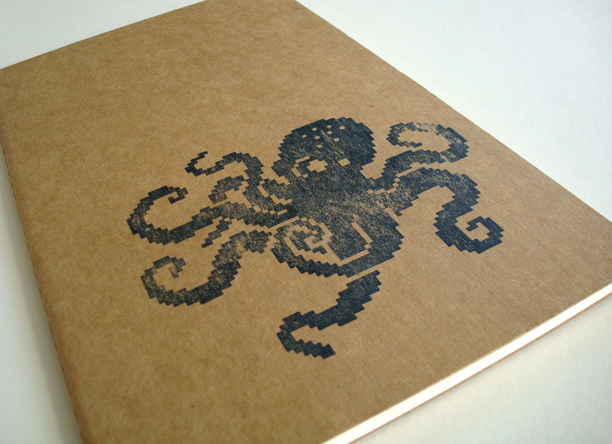 8 Bit Octopus large moleskine journal (lined) pixel notebook 8bit retro video game blue
