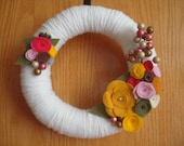 White Yarn Wreath With  Handmade Fall Color Flowers -12 IN Wreath-Ready to Ship
