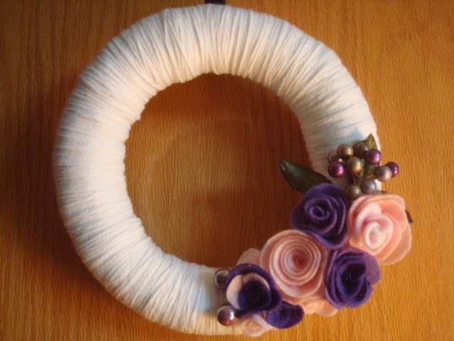 Handmade White Yarn Wreath Elegant Decoration With Pink and Purple Roses -10 in wreath