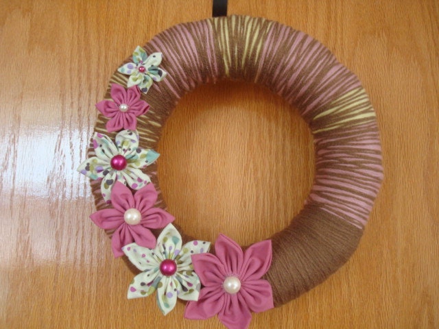 Brown Yarn Wreath With Handmade Fabric Flowers -12 IN Wreath-Ready to Ship