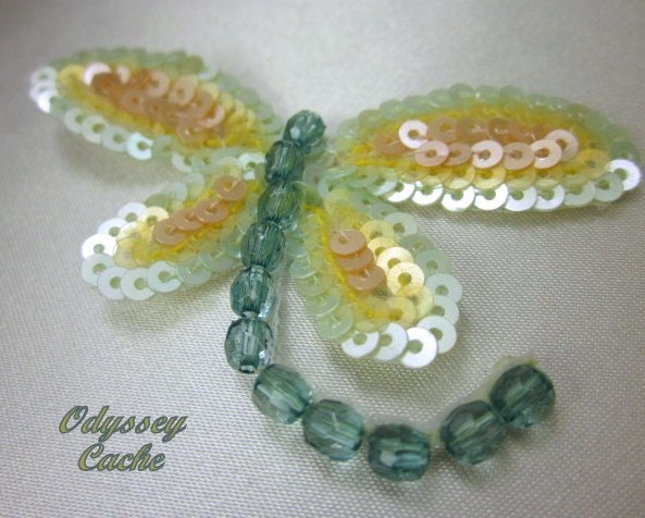 2 Dragonfly Sequin and Beaded Appliques in Aqua, Peach and Green