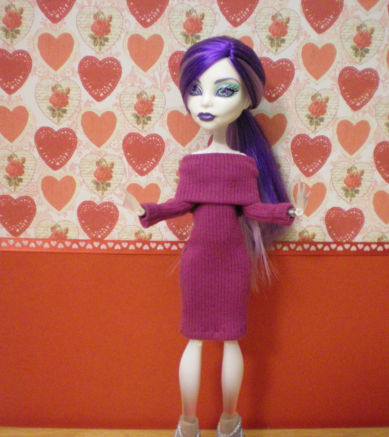 Eggplant colored sweater dress for monster high dolls