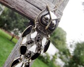 I'm A Hoot In Black White and Bronze Metal Owl Pendant Necklace on Antiqued Brass Chain