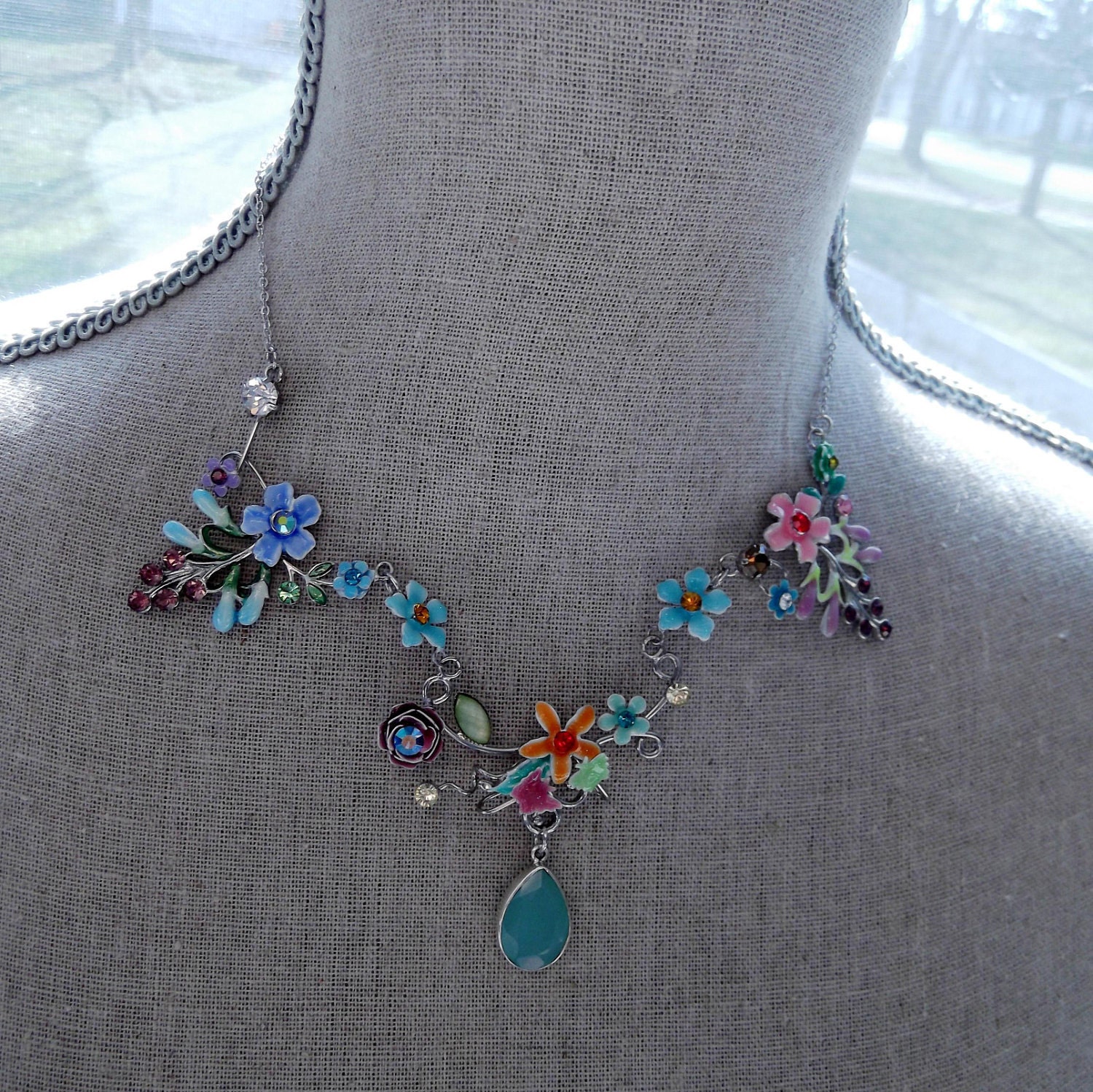 Garden Party Necklace - Colorful Floral Wire Wrapped Collar Necklace