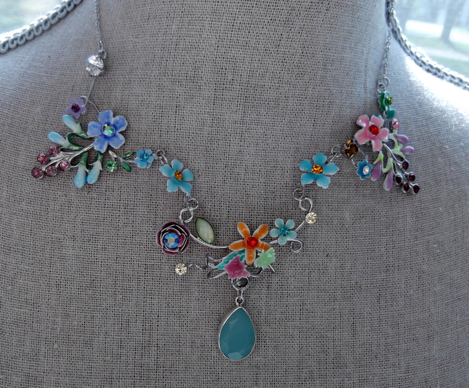Garden Party Necklace - Colorful Floral Wire Wrapped Collar Necklace