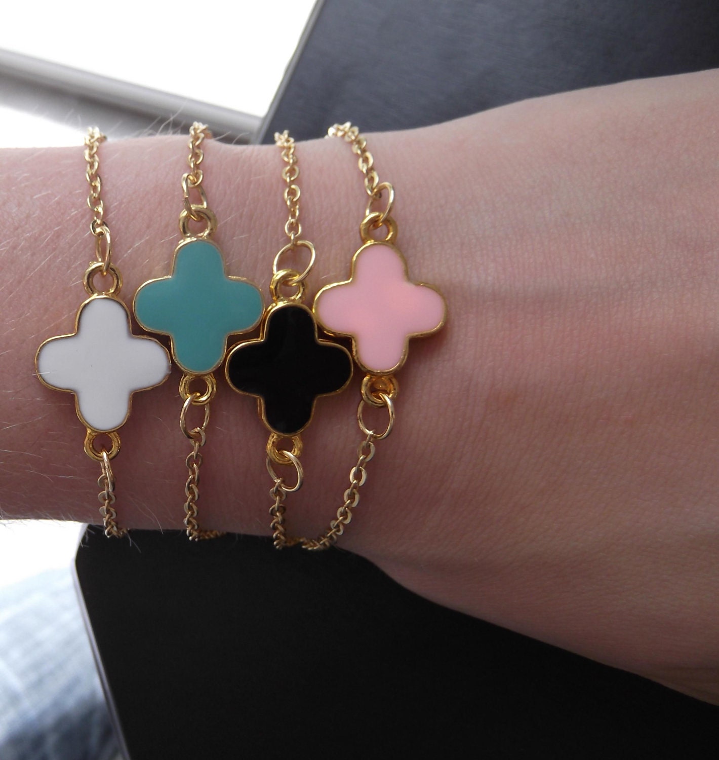 Pink Colored Clover and Gold Chain Bracelet - Cute Candy Colored Clover Chain Bracelets - Collect Them All - Stackable Chain Bracelets