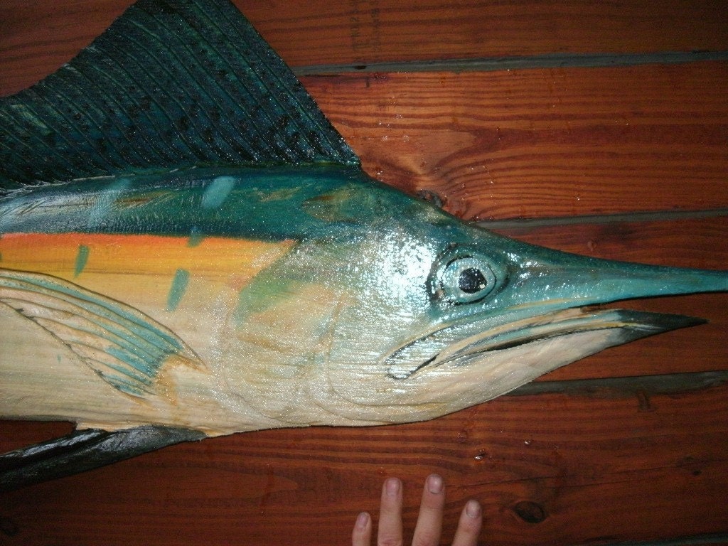 Blue Marlin 4.6 foot long x 18" wide chainsaw wood carving original Todd Lynd nautical sculpture trophy fish wall mount coastal living art
