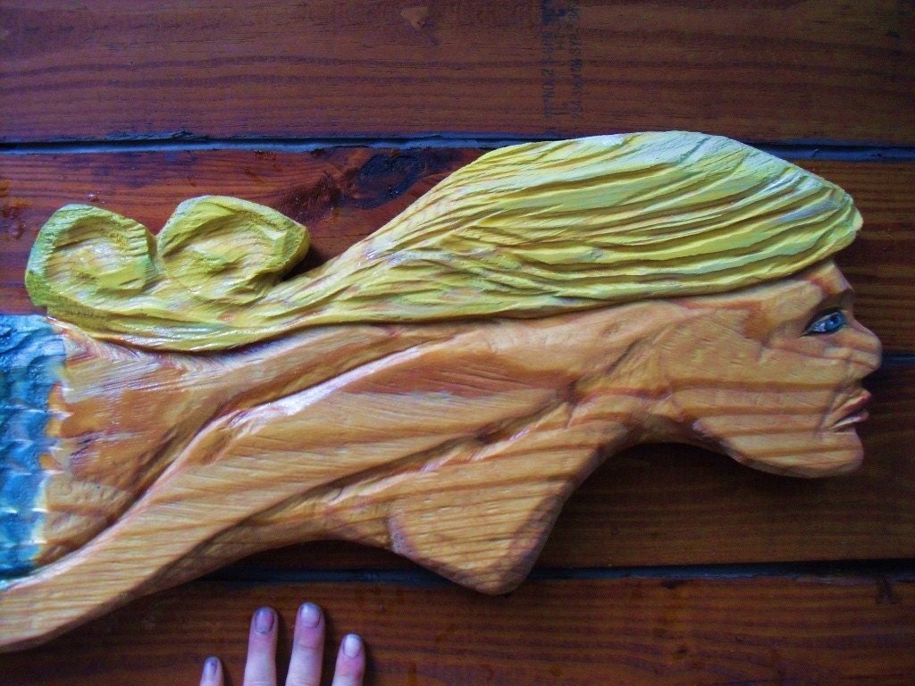 Mermaid 47" chainsaw carved nautical wood aquatic creature maritime hand painted home garden deck wall mount