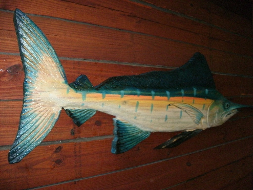 Blue Marlin 4.6 foot long x 18" wide chainsaw wood carving original Todd Lynd nautical sculpture trophy fish wall mount coastal living art