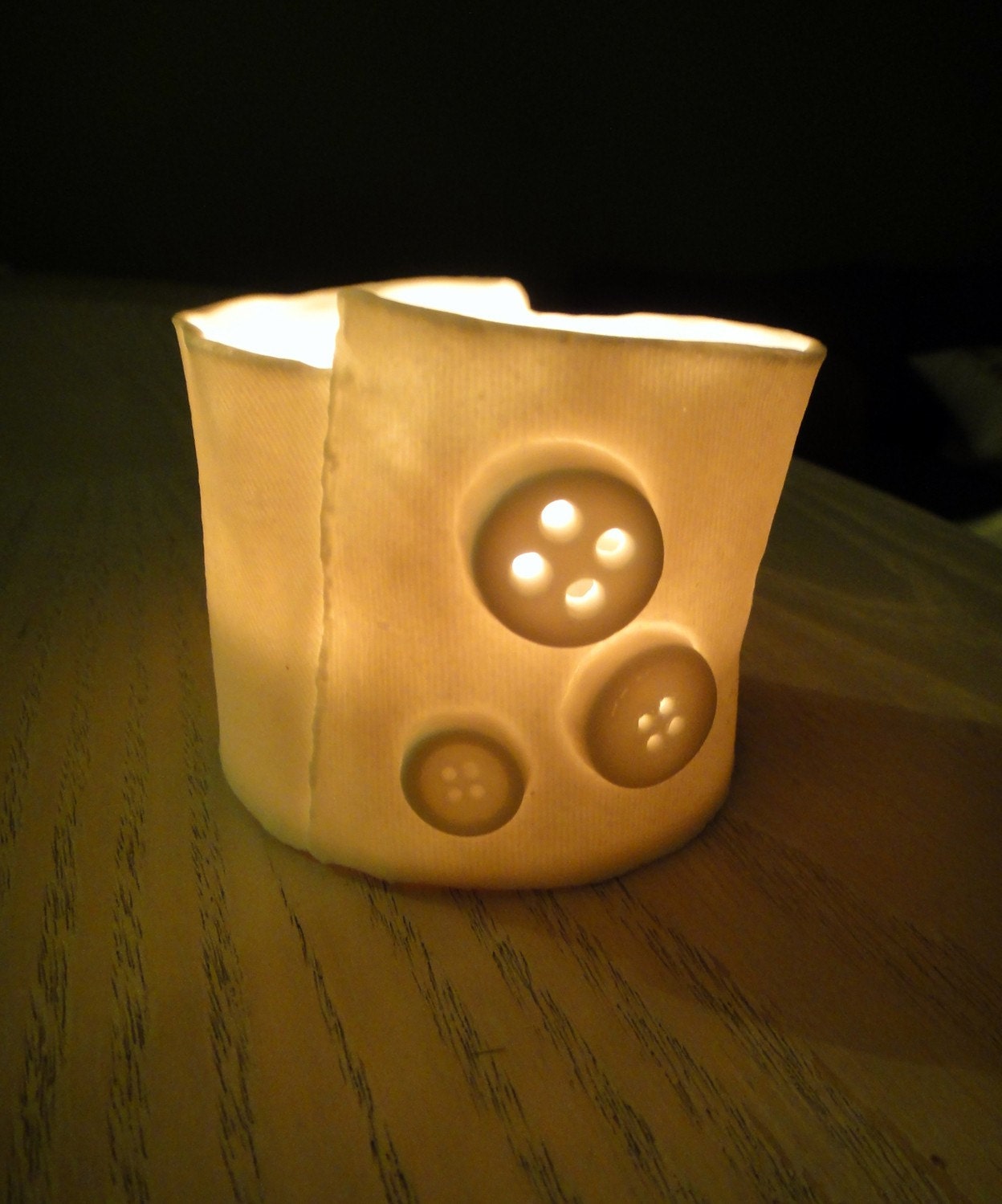 Translucent Porcelain "Shirt cuff" Buttons & seams tea-light / votive holder