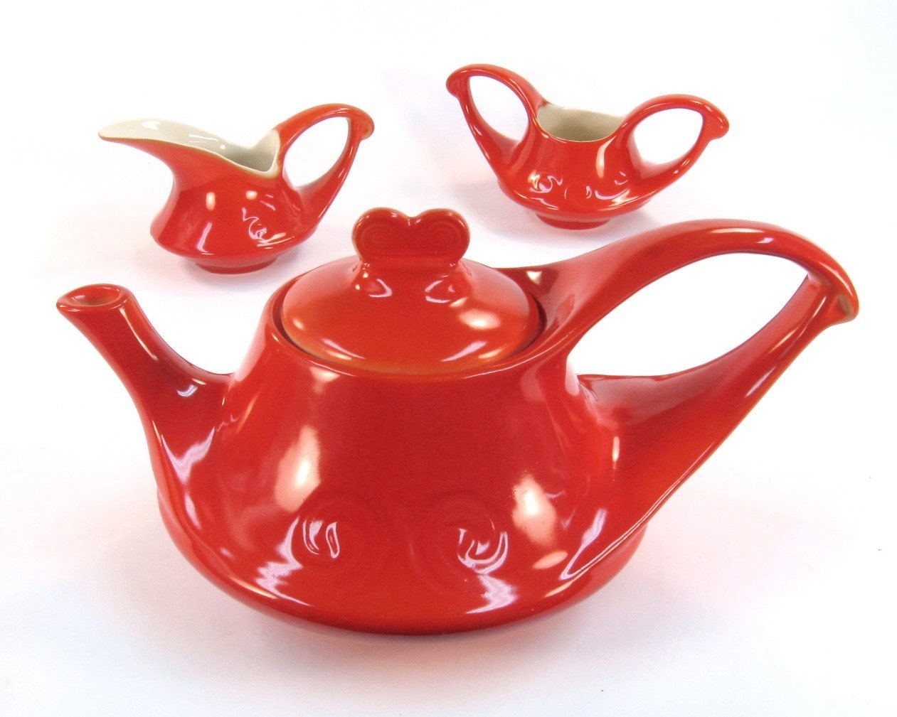 Modern Art Deco Red Orange Teapot with Sugar and Creamer