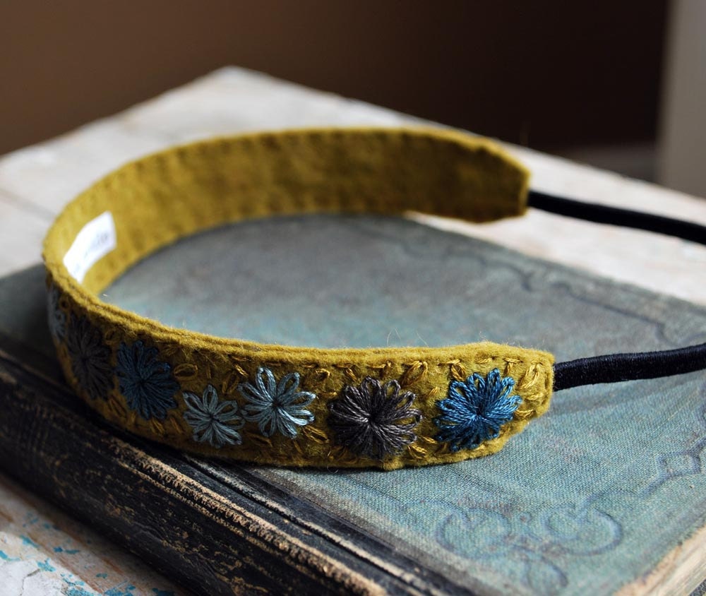 Bohemian Headband - Olive Green Gold Felt with Blue Flowers