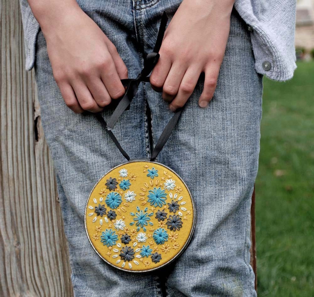 Hand Embroidered Wool Felt Hoop Art in Her Random Wanderings pattern mustard yellow turquoise pewter grey