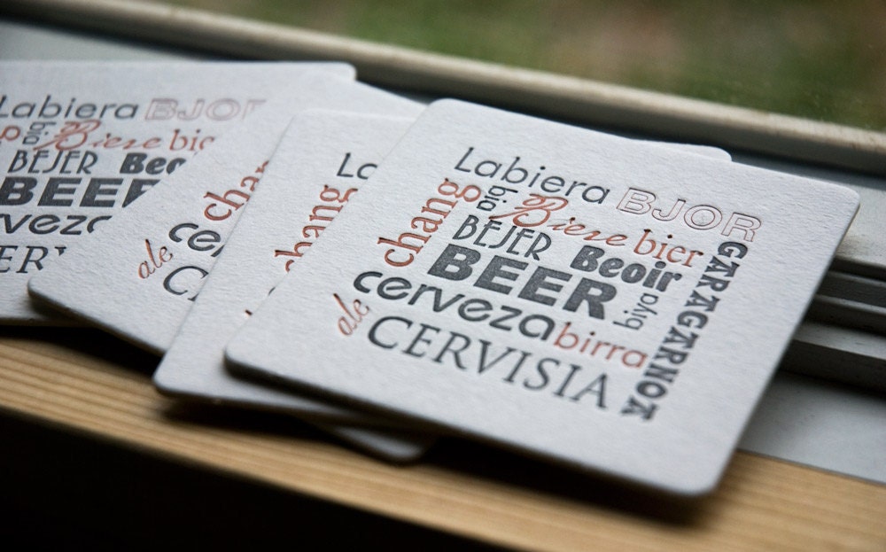 BEER language Coasters, modern design (Letterpress printed, 3.5 inches) set of 8, perfect gift for home brewer or beer lover