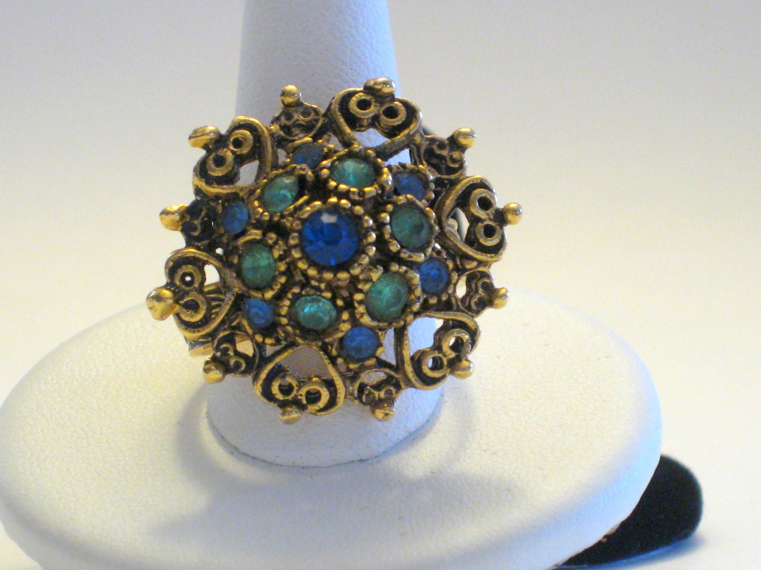Vintage Blue And Green Rhinestone Ring