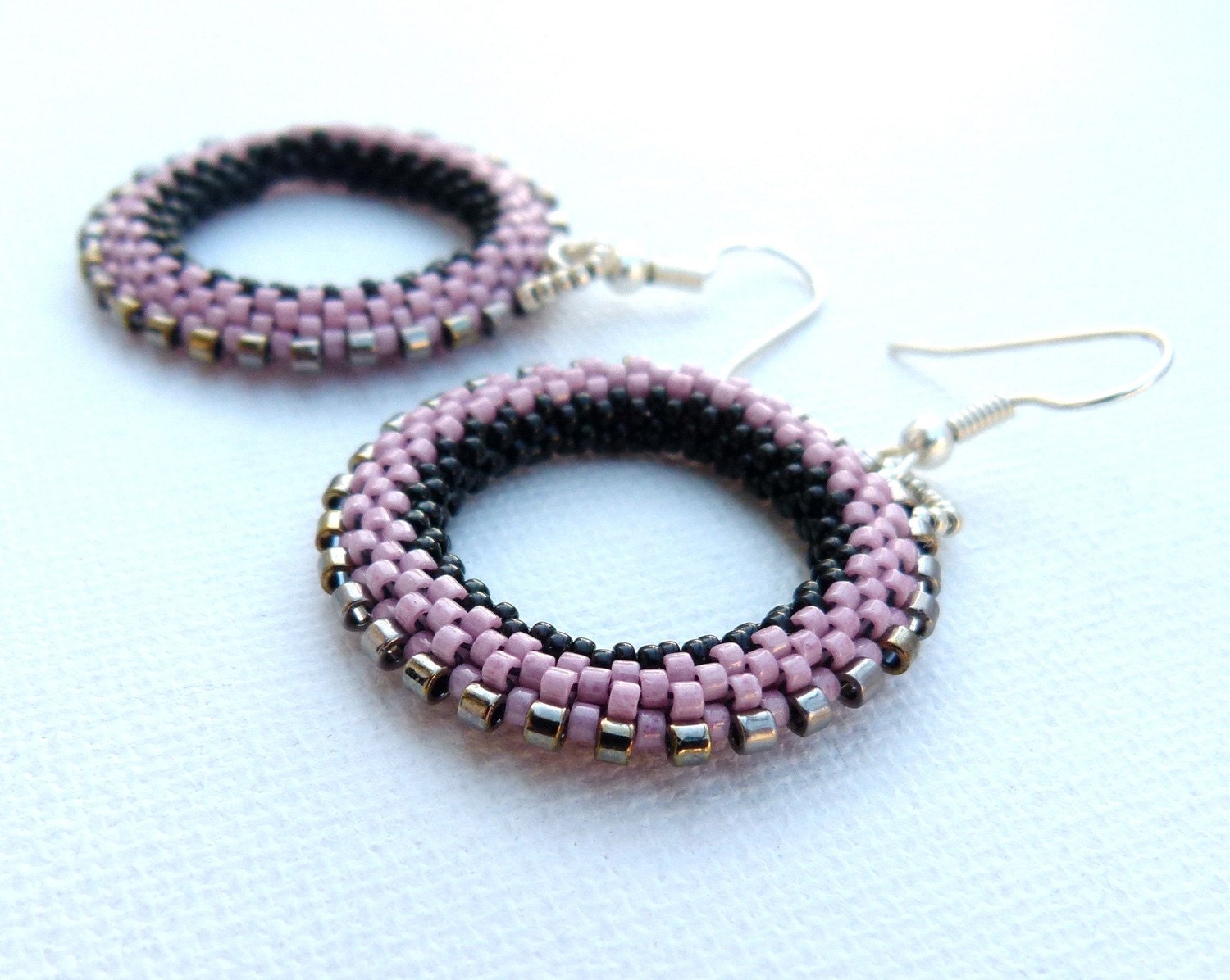 Dust pink black silver beadwork hoop earrings. Steampunk geometric seed beads jewelry Mothers day gift idea