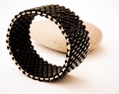 Nostalgic. Unisex minimalist Custom Band  Ring. Black seed bead modern fashion jewelry.