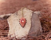Salmon pink beaded pendant necklace on gold field chain Unique . Seed bead fashion jewelry