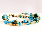 Turquoise multi strand bracelet. Blue brown gold bronze - earthy toned jewelry. Mother Day gift idea