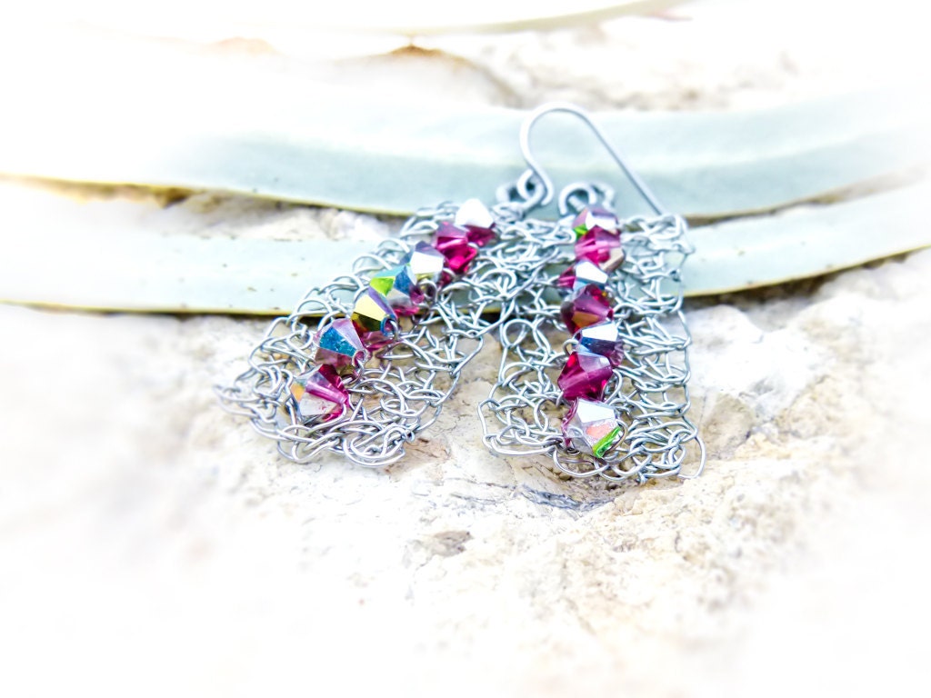 Valentins day Bohemian pink fuchsia silver dangle earrings. Wire wrapped  Swarovski crystal Winter fashion jewelry Boxingdaysale