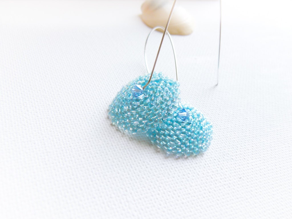 Aqua blue sapphire crystal earrings, beadwork disk long dangle earrings Spring pastel fashion jewelry
