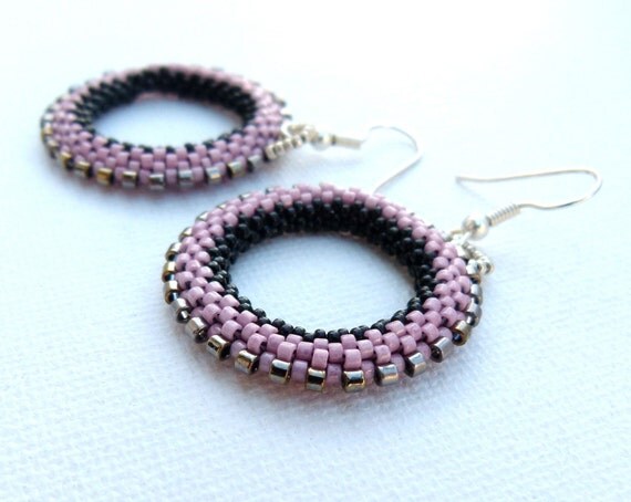 Dust pink black silver beadwork hoop earrings. Steampunk geometric seed beads jewelry Mothers day gift idea