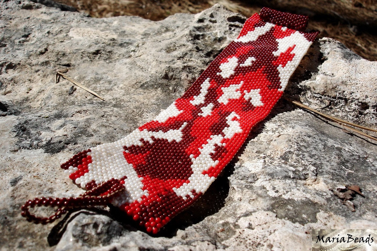 Tribal Beadwork cuff bracelet Red chocolate brown white chunky cuff/ bracelet. Valentines day gift idea