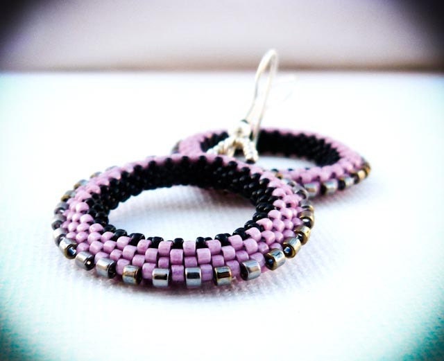 Dust pink black silver beadwork hoop earrings. Steampunk geometric seed beads jewelry Mothers day gift idea