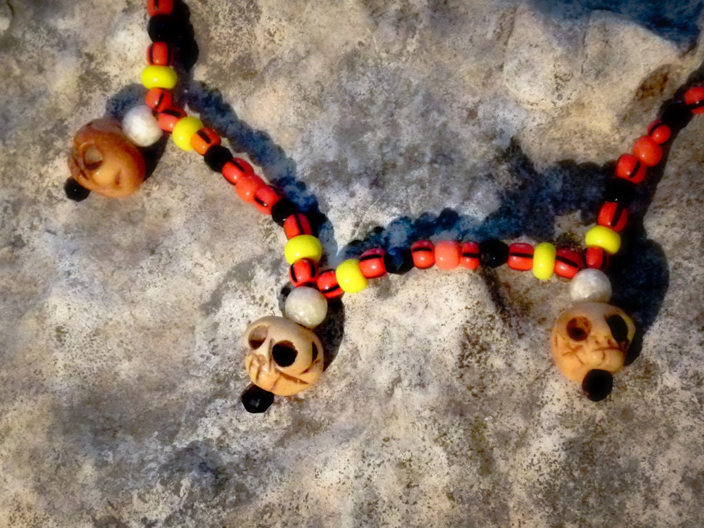African Tribal skull necklace. Orange, yellow, black, Unisex, ethnic, unique, one of a kind,