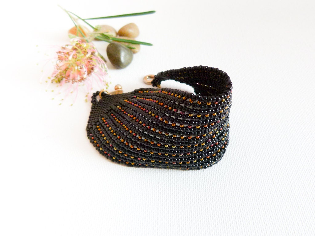 Fantasy. Fancy Black seed bead beadwork Cuff / Bracelet. Fashion jewelry.  Party time