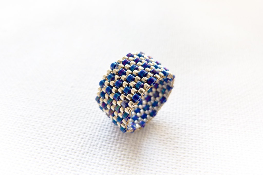 SUMMER SALE Navy blue textured band ring.Two tone ring. Summer seed bead nautical jewelry.