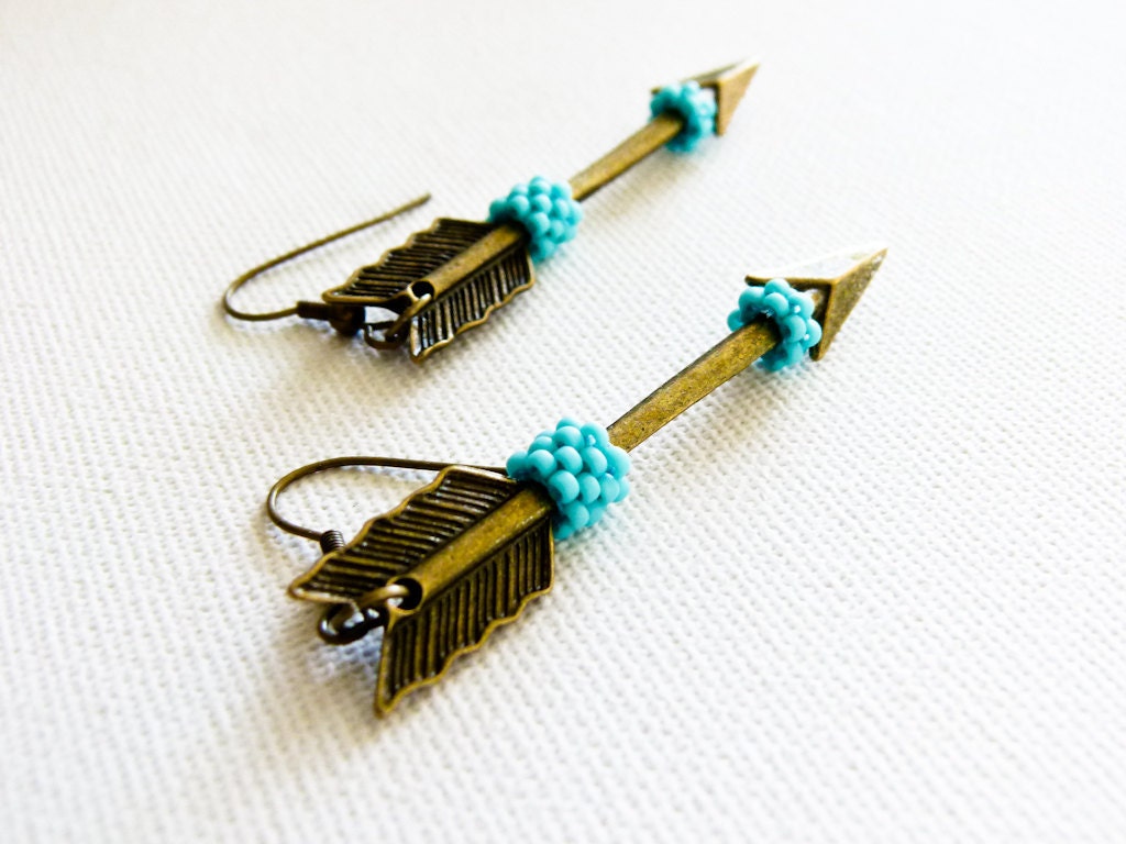 Tribal arrow earrings. Hanger games jewelry Turquoise antique bronze long dangle