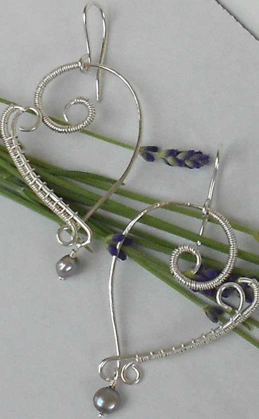 Earrings, Silver "Limited Edition" Wearable Art Hearts with Fresh Water Pearls
