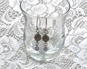 Antiqued Brass Dangle Earrings with Purple Crystals