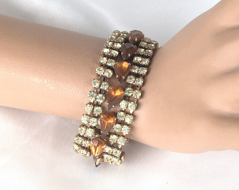 Huge Vintage Pale Yellow and Amber Rhinestone Bracelet