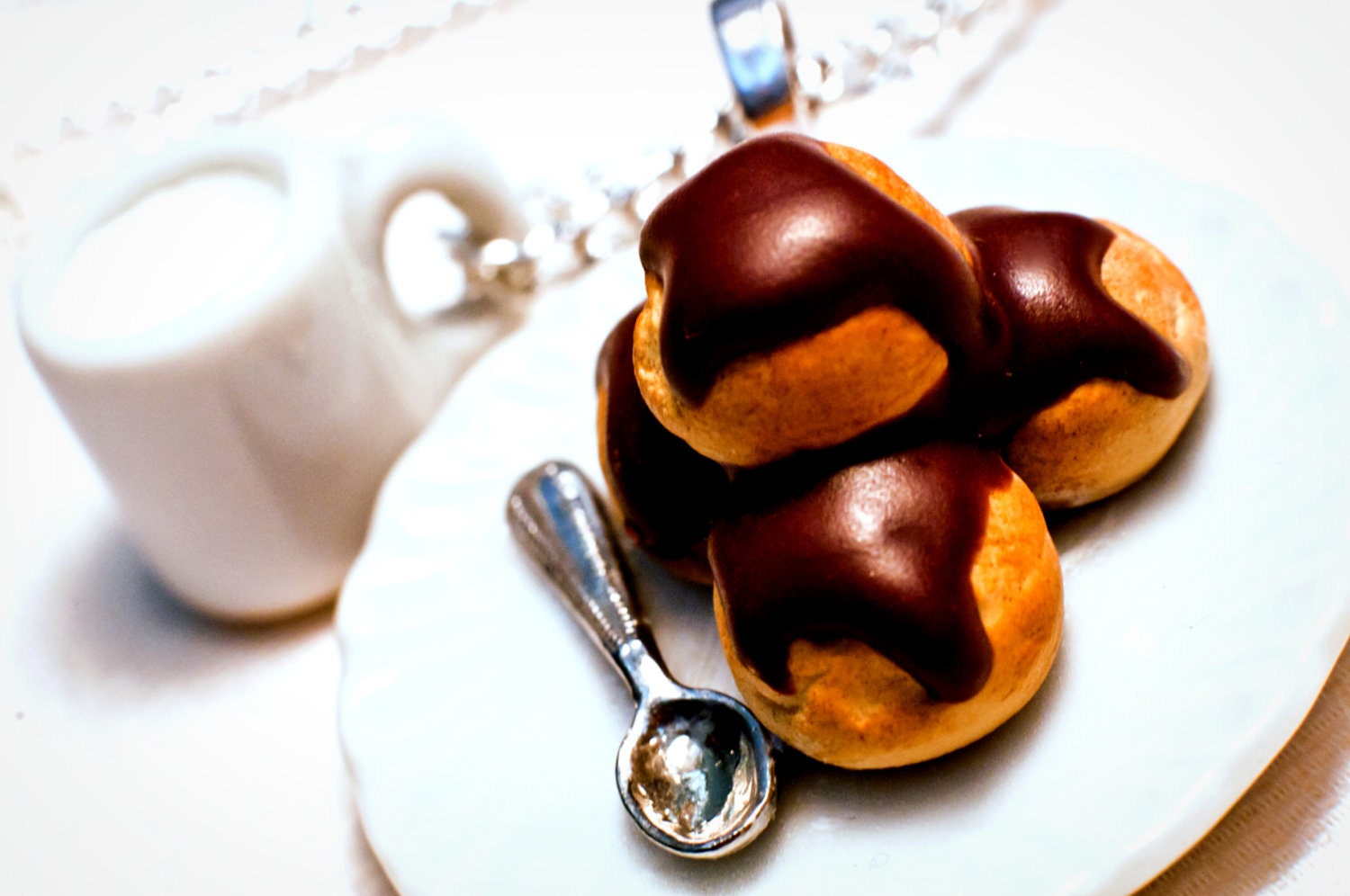 Miniature Food Jewelry: Milk Mug and Chocolate Cream Puff - Profiteroles Necklace