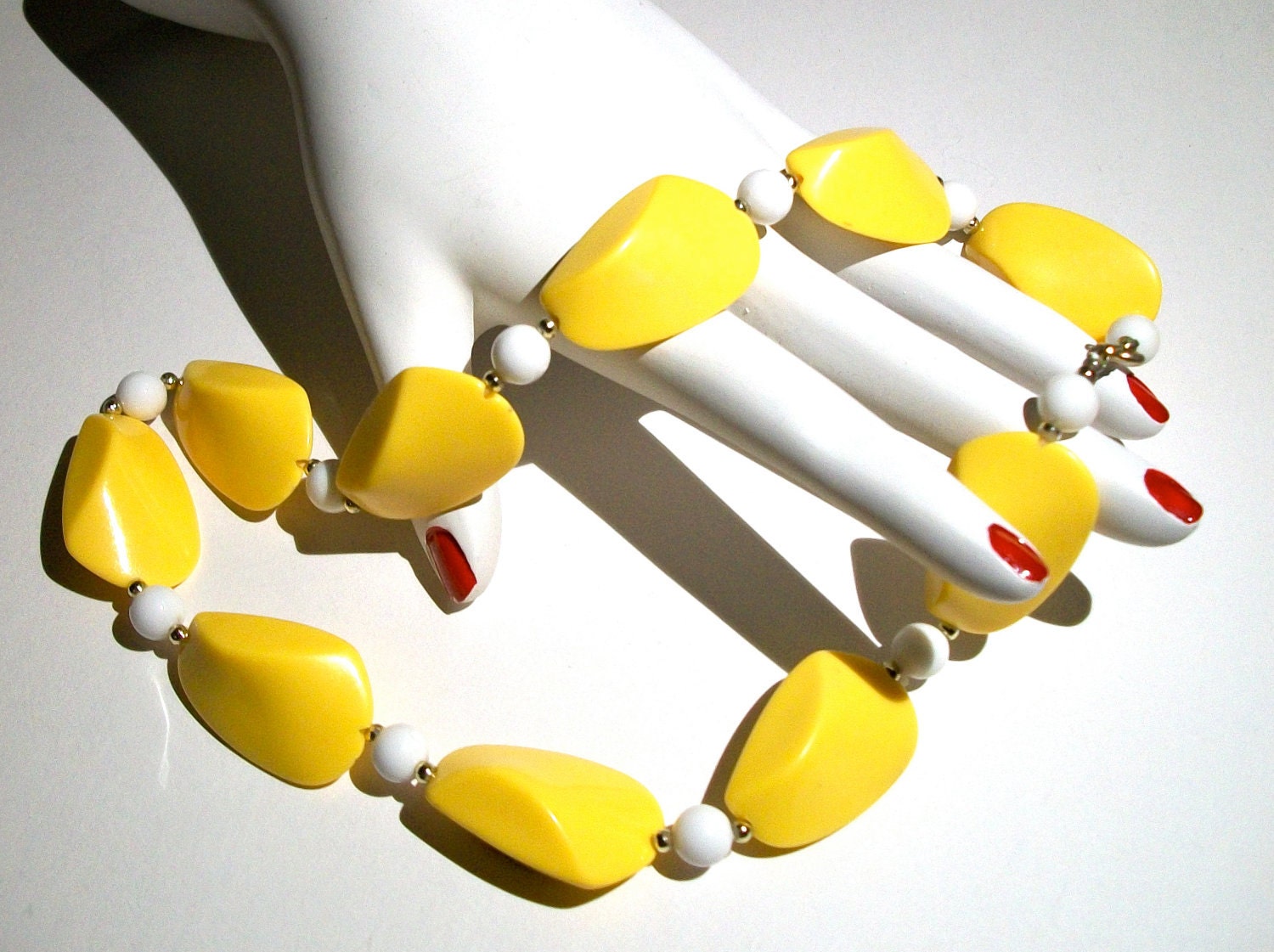 A Lovely Mod Bright Mustard Yellow White Celluloid Beaded Bauble Necklace